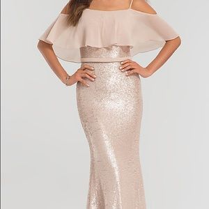Kleinfeld bridesmaid dress champagne with off the shoulder sheer overlay
